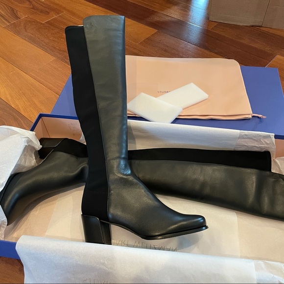 NIB Stuart Weitzman 5050 block black leather knee high boots - Picture 3 of 13